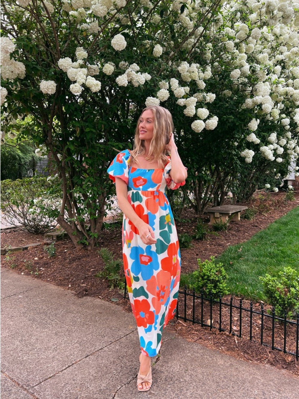 vestique Floral Midi Dress in White with Bold Red & Blue Blooms